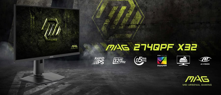 Yüksek performanslı MSI MAG 274QPF X32 27 inç 320Hz 0.5ms WQHD Gaming Monitör, Adaptive Sync ve Rapid IPS teknolojisi ile üstün görüntü kalitesi ve akıcı oyun deneyimi sağlar.