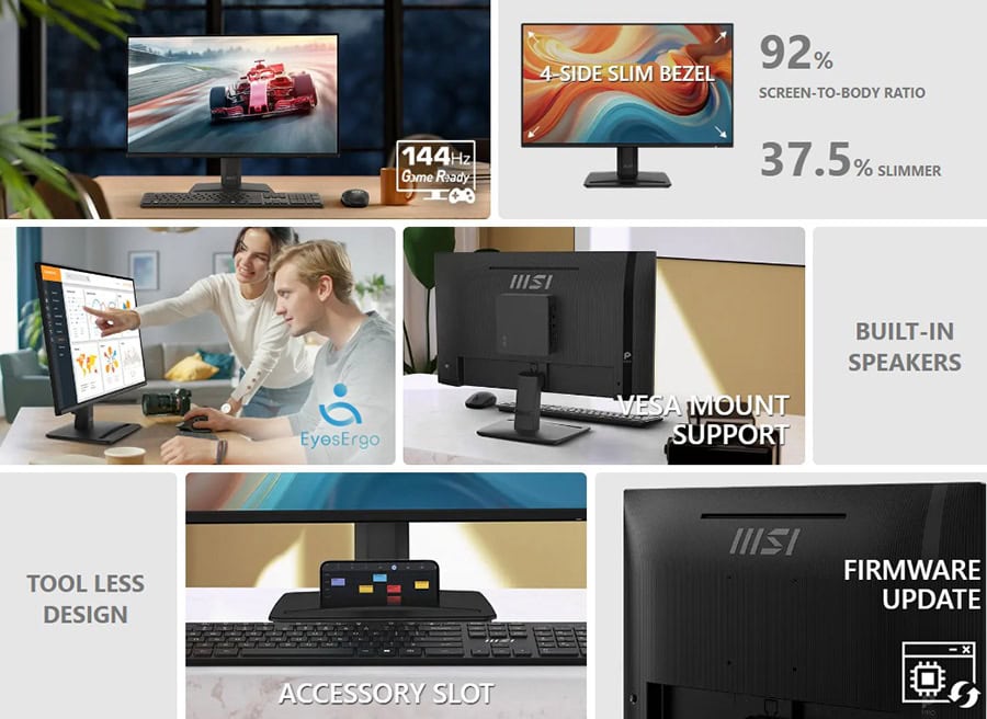 MSI PRO MP243 E14 23.8 inç 144Hz Full HD IPS monitör, Adaptive Sync teknolojisi ve 1ms tepki süresi ile yüksek performans sağlar. Çoklu bağlantı seçenekleri ve şık tasarımıyla ofis ve oyun kullanımı i.