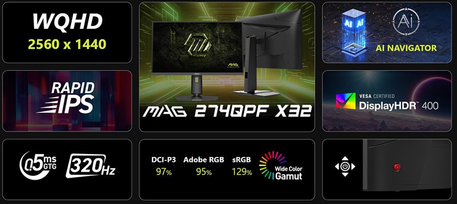 MSI MAG 274QPF X32 27 inç 320Hz 0.5ms WQHD Gaming Monitör, Adaptive Sync, Rapid IPS, Pivot, yüksek performanslı ekran deneyimi.