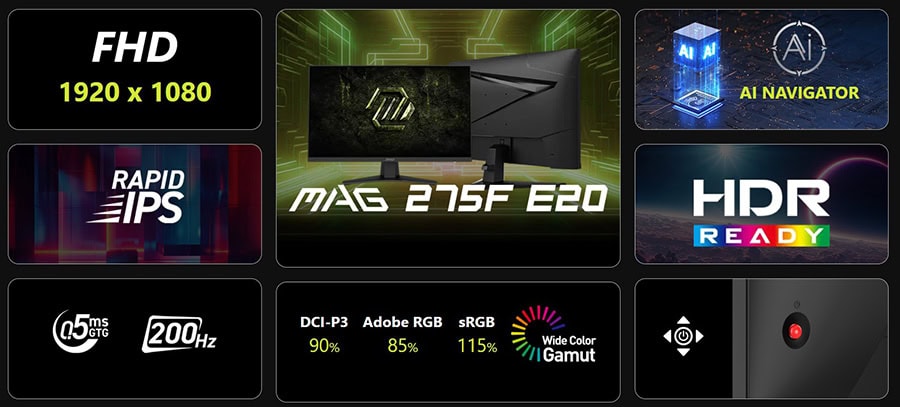 Yüksek performanslı MSI MAG 275F E20 27 inç 200Hz Full HD oyun monitörü, Adaptive Sync ve Rapid IPS teknolojisi ile akıcı ve net görüntü sağlar.