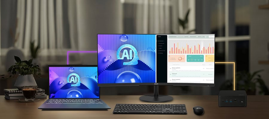Yapay zeka ve veri analizi uygulamalarını gösteren MSI PRO MP341CQ E12 34 inç 120Hz UWQHD kavisli monitör. Çok ekranlı kurulum ve yüksek çözünürlük ile profesyonel kullanım için ideal.