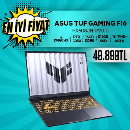 ASUS TUF Gaming F16 dizüstü bilgisayar, güçlü RTX ekran kartı, 16GB RAM, 512GB SSD ve 16 inç FHD ekran ile oyun ve profesyonel kullanım için ideal.