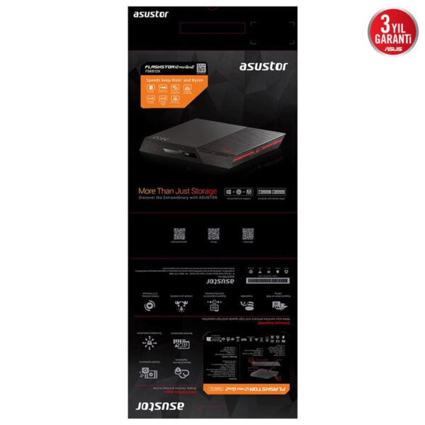 Asustor FLASHSTOR 12 Pro Gen2 (FS6812X) AMD Ryzen V3C14, 16GB DDR5, 12 Yuvalı, 10GbE NAS depolama cihazı, yüksek performans ve güvenilirlik sağlar.