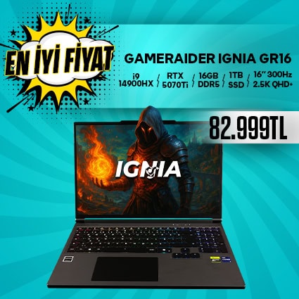 Gamer Aider Ignia GR16 dizüstü bilgisayar, yüksek performanslı RTX 5070Ti ekran kartı, 16GB DDR5 RAM, 1TB SSD ve 16" 300Hz ekran ile oyun tutkunlarına güçlü deneyim sunar.