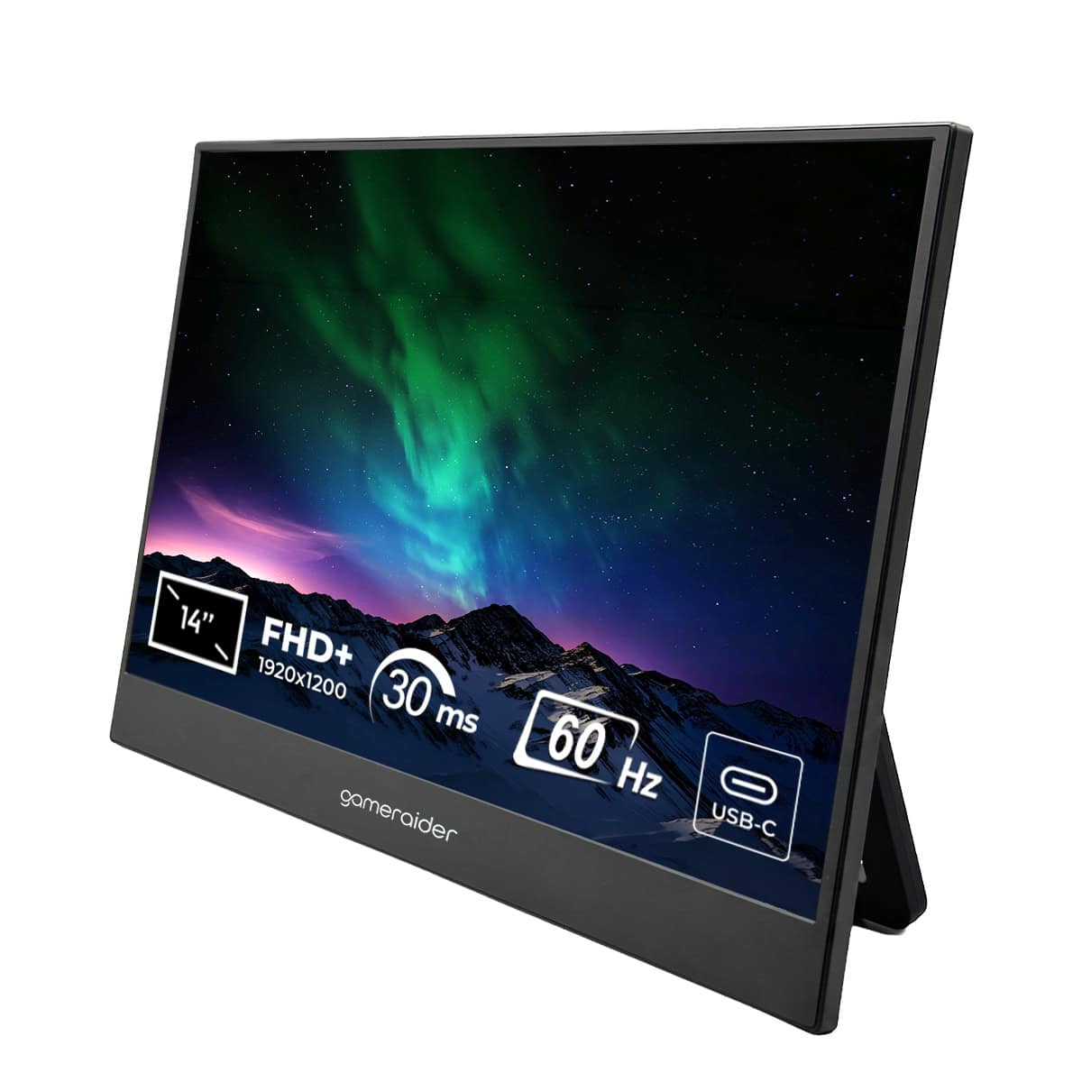 Yüksek çözünürlüklü 14 inç oyun monitörü, FHD+ 1920x1200 ekran, 30 ms tepki süresi, 60 Hz yenileme hızı ve USB-C bağlantısı ile üstün oyun deneyimi sağlar.
