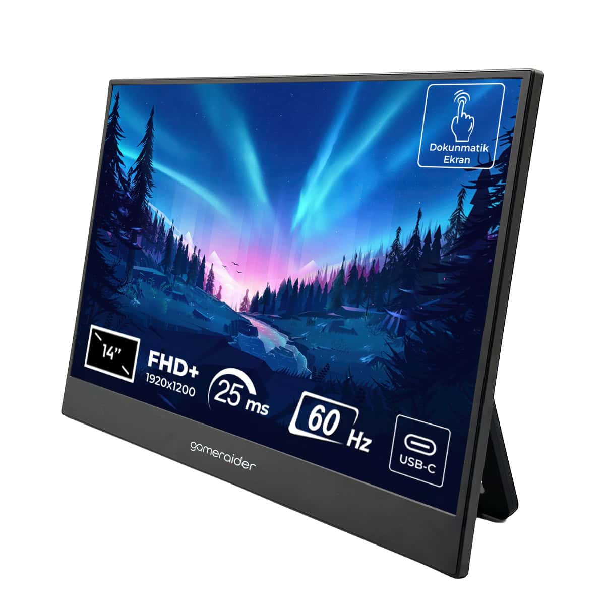 Yüksek çözünürlüklü 14 inç gaming monitör, 1920x1200 ekran çözünürlüğü, 25ms tepki süresi, 60Hz yenileme hızı ve USB-C bağlantısı ile oyun ve profesyonel kullanım için ideal.