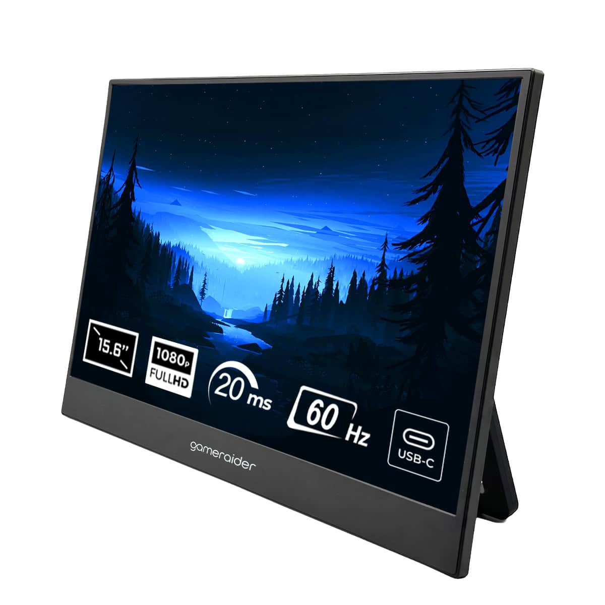 Oyun ve grafik tasarım için 15.6" Full HD ekran, 1080p çözünürlük, 20ms tepki süresi, 60Hz yenileme hızı ve USB-C bağlantısı ile yüksek kalite ve akıcı görüntü deneyimi sağlar.