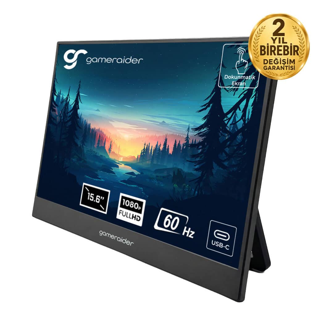 15.6 inç GamerAider oyun monitörü, 1080p Full HD çözünürlük, 60Hz yenileme hızı ve USB-C bağlantısı ile yüksek kaliteli görseller ve akıcı oyun deneyimi sağlar.