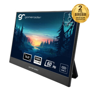 15.6 inç GamerAider oyun monitörü, 1080p Full HD çözünürlük, 60Hz yenileme hızı ve USB-C bağlantısı ile yüksek kaliteli görseller ve akıcı oyun deneyimi sağlar.