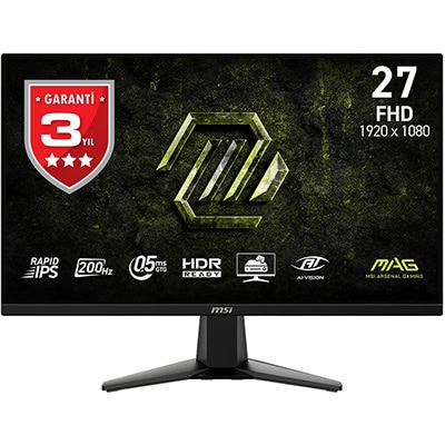 MSI MAG 275F E20 27 inç 200Hz 0.5ms Full HD Adaptive Sync Gaming Monitör, yüksek yenileme hızı ve hızlı tepki süresi ile oyun deneyimini artırır. HDR Ready, Rapid IPS panel ve A-Vision teknolojisi ile.