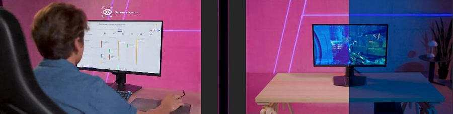 Dizüstü bilgisayar ve monitör ile çalışma ortamı, modern ve teknolojik ofis tasarımı, yüksek çözünürlüklü ekranlar ve ergonomik çalışma alanı.