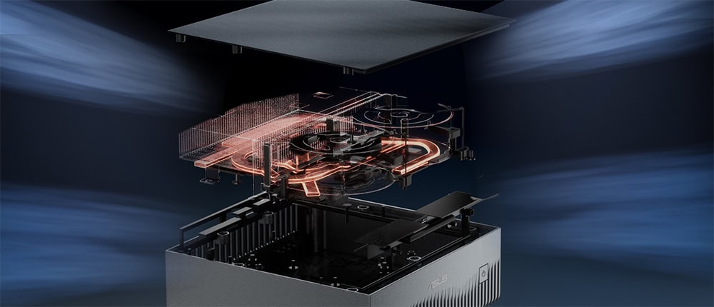 ASUS Ascent GX10 Yapay zeka ve yüksek performanslı bilgisayar donanımı içeren detaylı iç yapı görseli, gelişmiş işlemci ve soğutma sistemleri vurgulanmış.