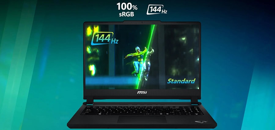 MSI oyun laptopu, 144Hz yenileme hızı ve 100% sRGB renk gamı ile yüksek performans ve görsel kalite sunar. Oyun ve grafik tasarım için ideal, şık ve dayanıklı tasarım.