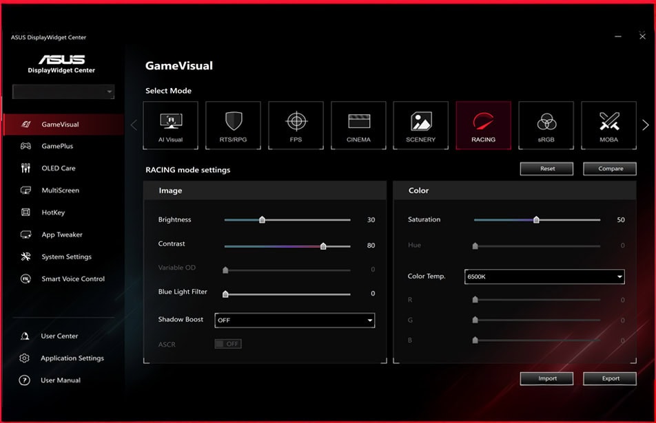 Oyun modunda ASUS ve GameVisual ayarlarıyla optimize edilmiş ekran görüntüsü, renk ve parlaklık ayarlarıyla gelişmiş grafik performansı sağlar.
