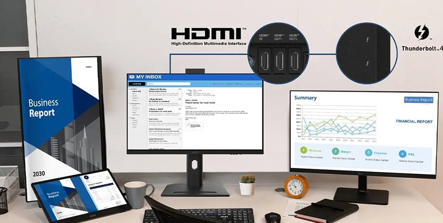İki monitör ve dizüstü bilgisayar ile ofis çalışma alanı, çoklu ekran kullanımı ve verimlilik odaklı ofis ekipmanları.