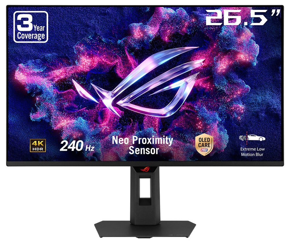 Oyun monitörü 26.5 inç, ROG Neo Proximity sensörlü, 240Hz yenileme hızı, 4K HDR, OLED ekran, düşük hareket bulanıklığı ve yüksek performanslı oyun deneyimi için tasarlandı.