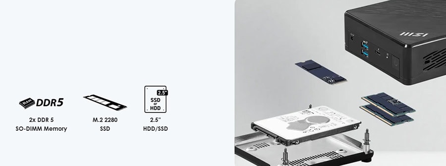 Mini PC ve donanım bileşenleri, DDR5 RAM, SSD ve HDD seçenekleriyle yüksek performans sağlar. Kompakt tasarımıyla ofis ve ev kullanımı için ideal, gelişmiş bağlantı özellikleri sunar.