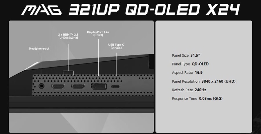 Mag 321UP QD-OLED X24 monitörünün bağlantı ve tasarım detaylarını gösteren yüksek çözünürlüklü görsel.
