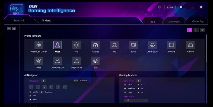 Yüksek performanslı oyun laptopu ekran görüntüsü, MSI Gaming Intelligence yazılım arayüzü ile çeşitli ayarların ve özelliklerin gösterimi. Oyun ve grafik performansını optimize eden gelişmiş ayar seçe.