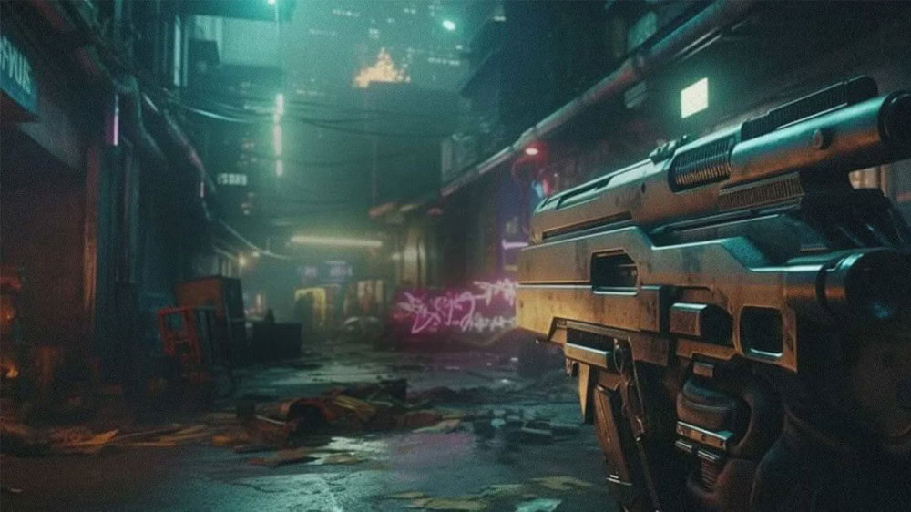 Karanlık ve futuristik şehir ortamında yüksek teknolojili silah detaylarıyla donatılmış bir silah görüntüsü. Neon ışıklar ve şehir ışıklarıyla aydınlatılmış, cyberpunk tarzınd.