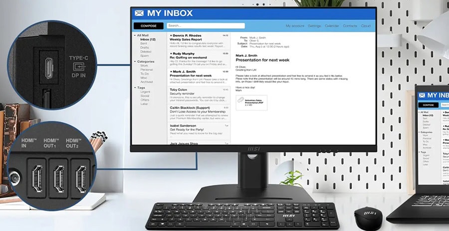 Dizüstü bilgisayar ekranında e-posta ve takvim uygulamaları açık, modern çalışma ortamını yansıtan ofis teknolojisi.