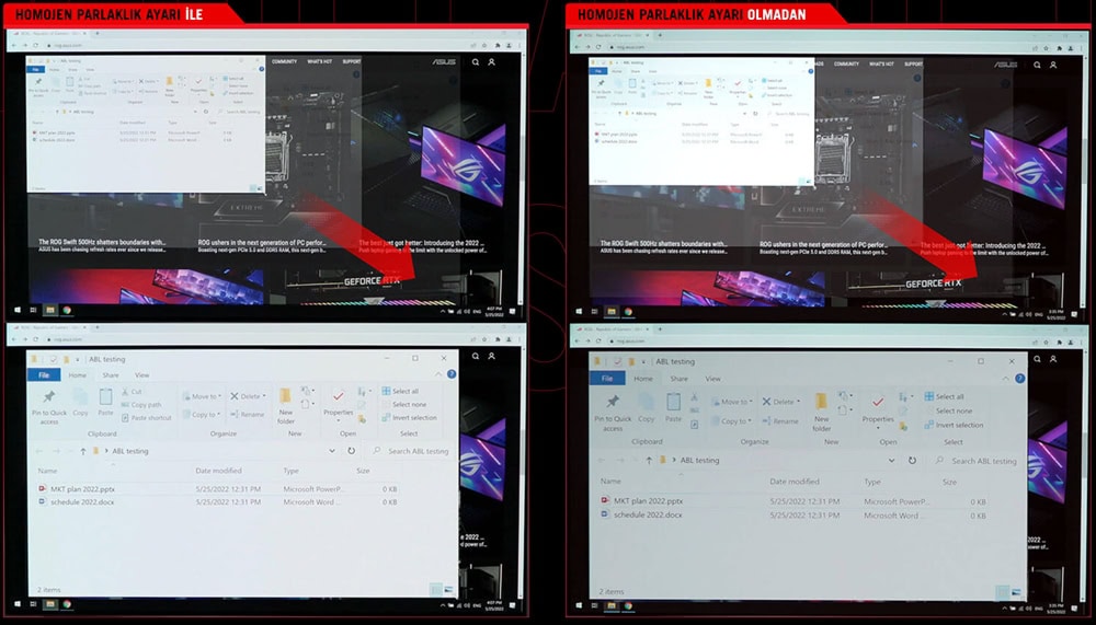 Laptop ekranında parlaklık ayarlarının otomatik ve manuel modlarda gösterimi, kullanıcıların ekran parlaklığını kolayca kontrol edebilmesi için görsel.