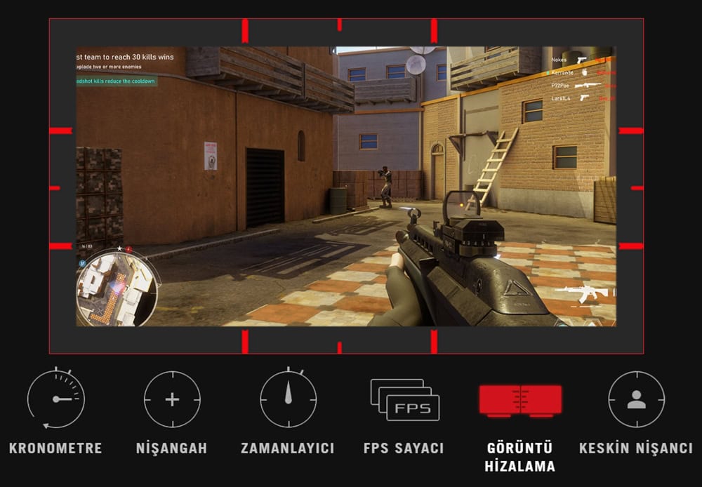 FPS oyunu oynarken yüksek çözünürlüklü ekran ve hassas nişangah ayarlarıyla detaylı görüntü. Oyun içi silah ve çevre unsurları net şekilde görünmektedir.