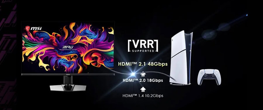 VRR destekli yüksek çözünürlüklü gaming monitörü, HDMI 2.1 ve HDMI 2.0 bağlantılarıyla oyun deneyimini artırır, düşük gecikme ve akıcı görüntü sağlar.