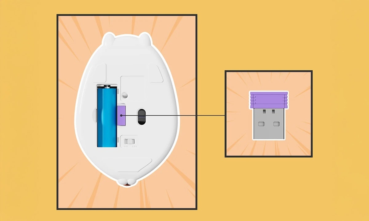 Pil ve USB bağlantısı gösteren bilgisayar fare iç yapısı, pil yuvası ve USB portu detayları.