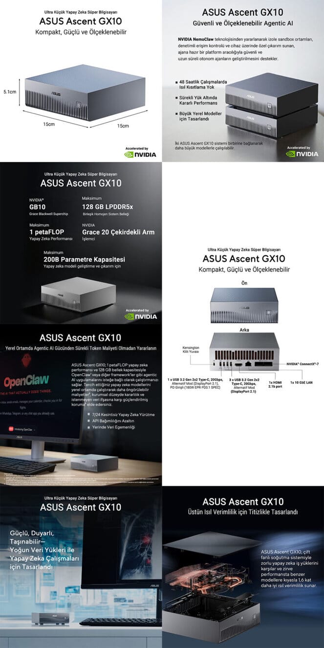 ASUS Ascent GX10 ASUS Ascent GX10, yüksek performanslı ve kompakt yapıya sahip yapay zeka destekli süper bilgisayar, 128GB LPDDR5x RAM ve 4TB SSD ile donatılmış.