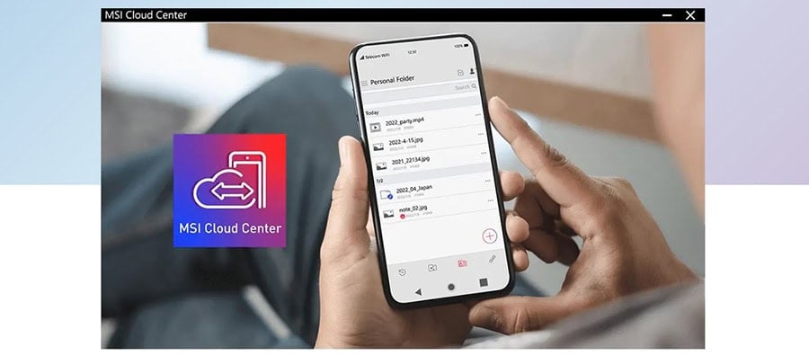 MSI Cloud Center ile dosya paylaşımı ve yönetimi yapan akıllı telefon ekranı.