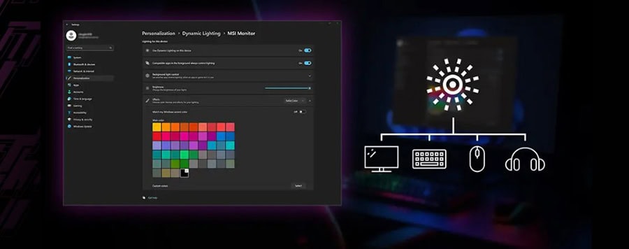 RGB ve aydınlatma ayarlarını gösteren bilgisayar ekranı, kişiselleştirilmiş aydınlatma seçenekleri ve renk paletleri ile oyun ve çalışma ortamını optimize etme imkanı sunar.