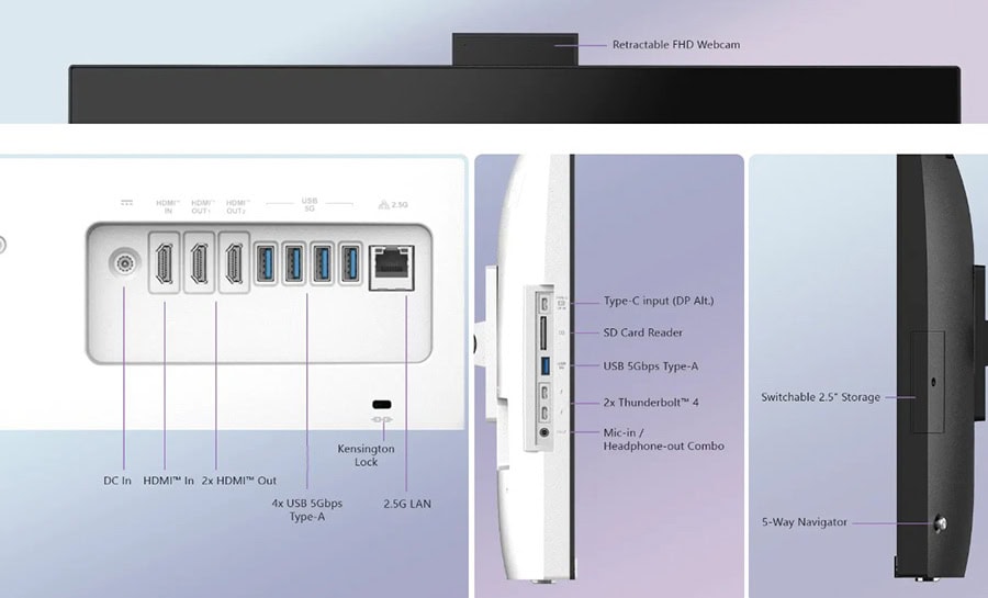 Yüksek çözünürlüklü web kamerası ve çeşitli bağlantı portlarıyla donatılmış bilgisayar arka paneli. USB, HDMI, SD kart okuyucu ve Ethernet portlarıyla geniş bağlantı seçenekleri s.