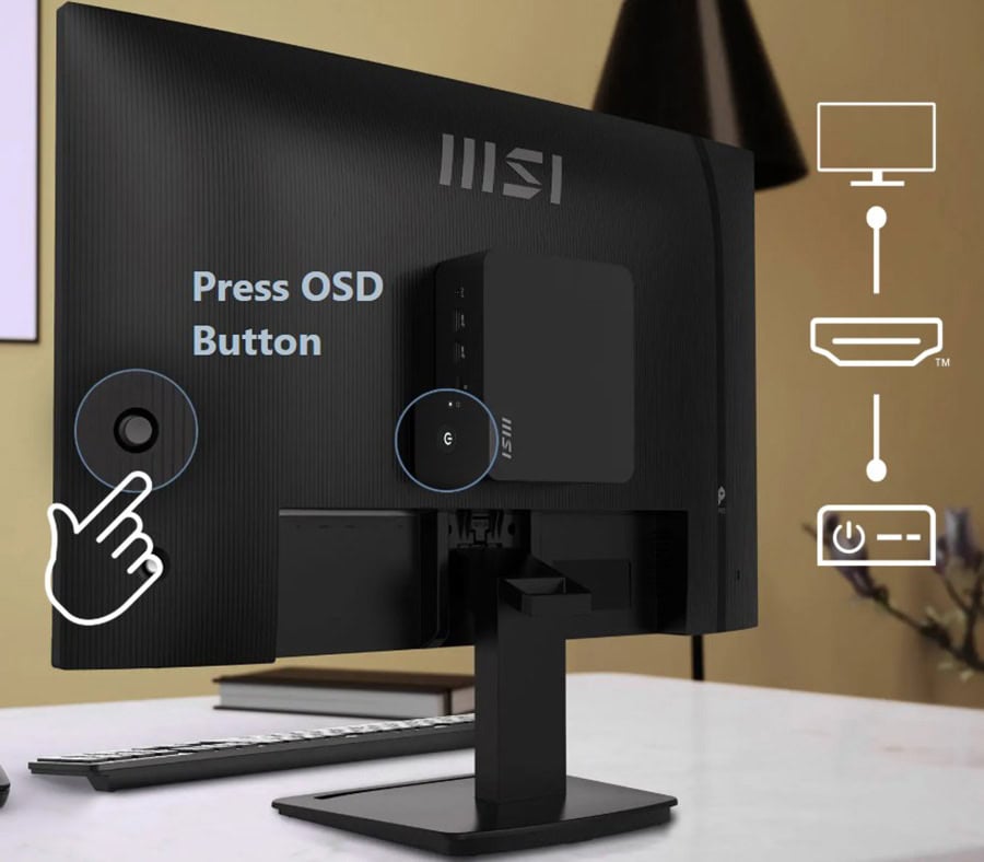 MSI monitör arka paneli ve bağlantı portları, OSD düğmesi ve güç düğmesi ile detaylı görüntü.