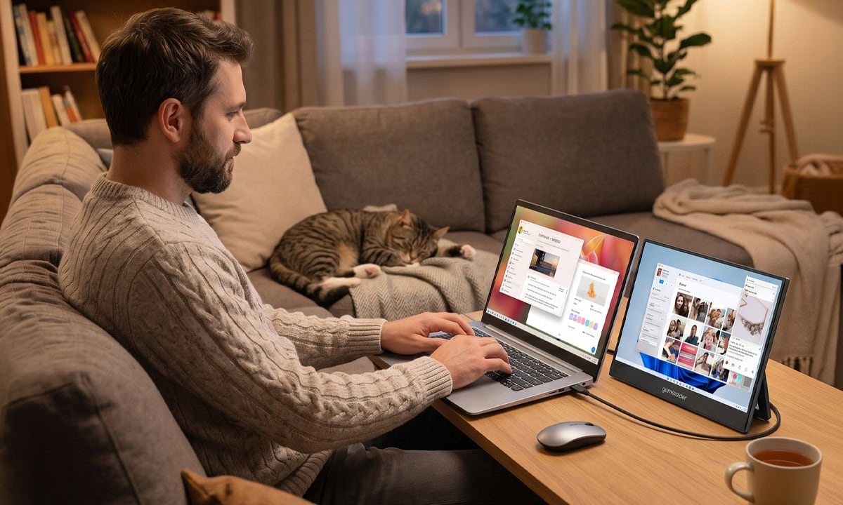 Evde oturan adam, iki ekranlı laptop ve kedi ile çalışıyor, rahat bir ortamda, modern oturma odasında.