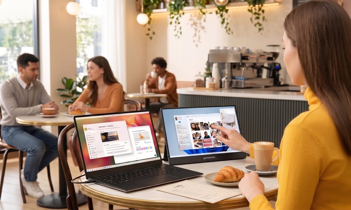 Kafe ortamında çalışan kadın, dizüstü bilgisayar ve taşınabilir monitör kullanıyor, diğer müşterilerle sohbet ediyor.
