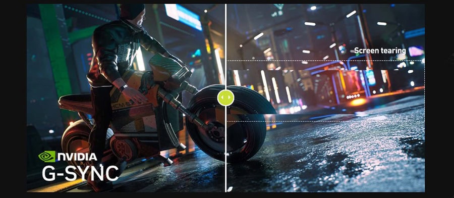 NVIDIA G-SYNC teknolojisiyle donatılmış yüksek performanslı gaming laptopu, canlı renkler ve akıcı görüntü deneyimi sunar. Şehir ışıkları ve yağmurla ıslak sokaklar arka planda, dinamik ve modern tasa.