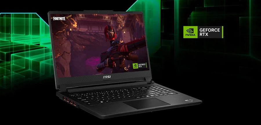 MSI gaming laptop with NVIDIA GeForce RTX ekran kartı, Fortnite oyunu oynarken yüksek grafik performansı sağlar. Siyah renkli, şık tasarımlı ve güçlü donanımlı bu laptop, oyun tutkunları için ideal se.