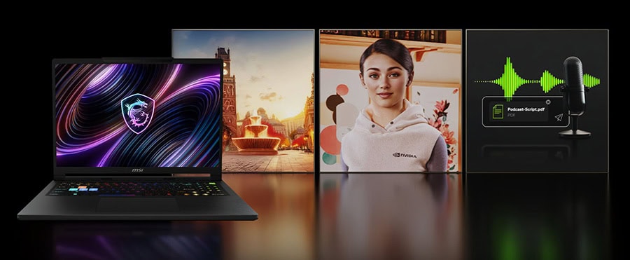MSI Raider 16 HX gaming laptop with colorful display, gaming accessories, and a woman using a laptop, highlighting high-performance gaming features.