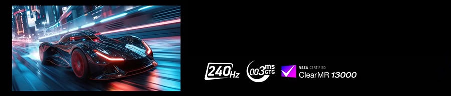 Yüksek hızlı spor araba ve gelişmiş teknolojik özellikler, 240Hz ekran yenileme hızı, 3ms tepki süresi, ve VRAM 13000 ile üstün performans sunar.