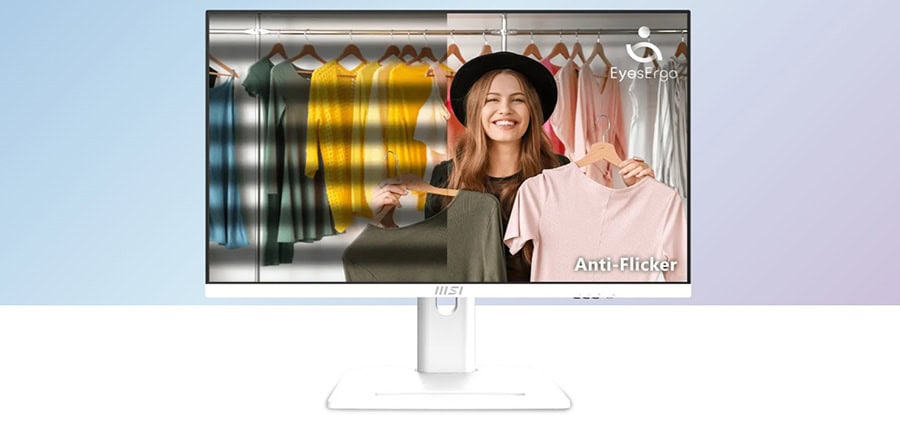 Yüz tanıma ve anti-flicker teknolojisine sahip, şık ve kullanışlı bilgisayar monitörü. Renkli kıyafetler ve gülümseyen kadın modeli ile modern çalışma ve eğlence ortamları için idea.