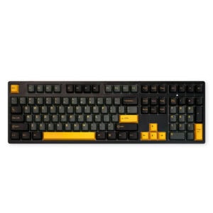 Siyah ve sarı renkli klavye, ergonomik tasarım ve fonksiyonel tuşlar ile bilgisayar kullanımı için ideal.