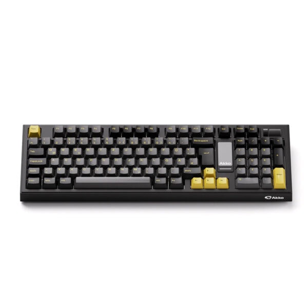 Siyah ve sarı renkli kablosuz bilgisayar klavyesi, ergonomik tasarım ve yüksek performanslı yazma deneyimi için ideal. Ofis ve ev kullanımı için uygun, dayanıklı ve şık görünümlü klavy.