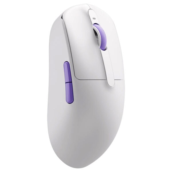 Beyaz ve mor renkli kablosuz fare, ergonomik tasarımıyla bilgisayar kullanımı için ideal. Yüksek hassasiyet ve konfor sağlayan modern fare modeli.