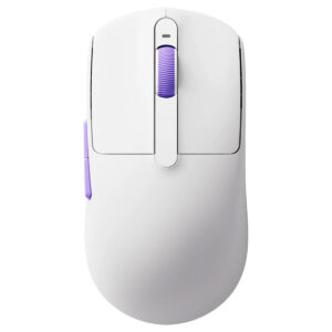 Kablosuz bilgisayar mouse, beyaz renkli ve mor detaylara sahip ergonomik tasarım. Yüksek hassasiyetli ve rahat kullanım sağlayan kablosuz mouse, ofis ve oyun için ideal.