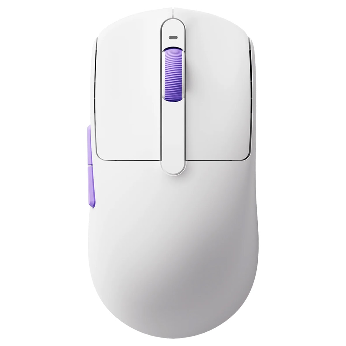 Kablosuz bilgisayar mouse, beyaz renkli ve mor detaylara sahip ergonomik tasarım. Yüksek hassasiyetli ve rahat kullanım sağlayan kablosuz mouse, ofis ve oyun için ideal.