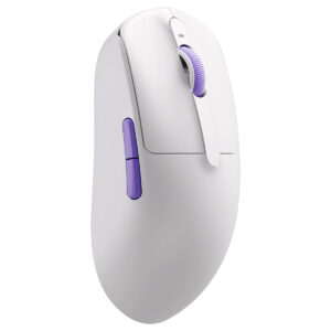 Kablosuz bilgisayar mouse, ergonomik tasarımı ve hassasiyeti ile ofis ve ev kullanımı için ideal. Beyaz renkli ve mor detaylara sahip, kablosuz bağlantı özelliği ile rahat kullanım sağlar.