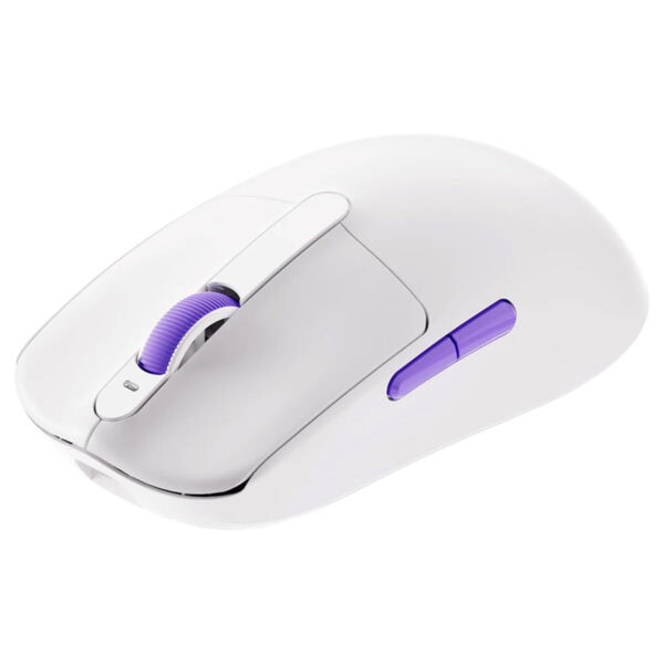 Kablosuz bilgisayar mouse, ergonomik tasarımı ve şık beyaz renk ile modern ofis ve ev kullanımı için ideal. Mor detaylar ve hassasiyetli tıklama özellikleriyle yüksek performans sağlar.