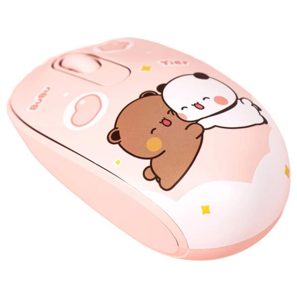 Sevimli ayı ve panda figürleriyle süslenmiş, çocuklar ve gençler için uygun renkli kablosuz mouse ve klavye seti. Ofis ve oyun kullanımı için ideal, ergonomik tasarım ve yüksek performans.