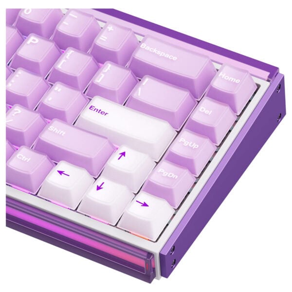 Mor renkli, RGB aydınlatmalı bilgisayar klavyesi, oyun ve ofis kullanımı için ideal, ergonomik tasarım, yüksek performanslı tuşlar.